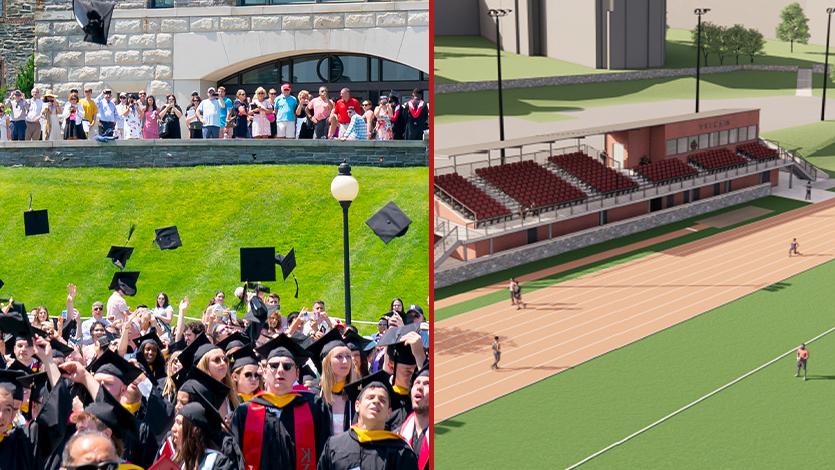 Side-by-side image of Track and Turf Field rendering and commencement.