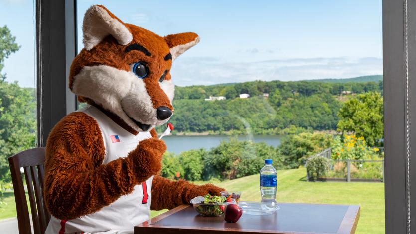 Image of Frankie the Fox in dining hall.